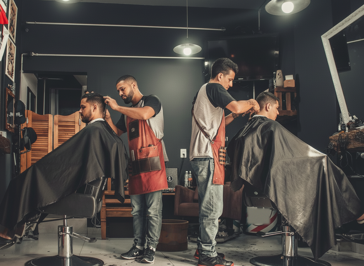 Equipe de barbeiros atendendo clientes lado a lado na barbearia